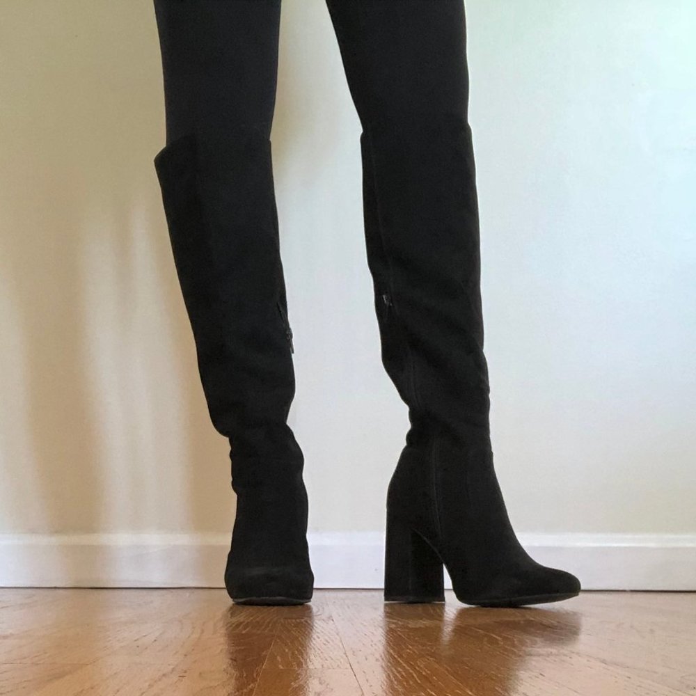 Black Suede Knee High Heeled Boots